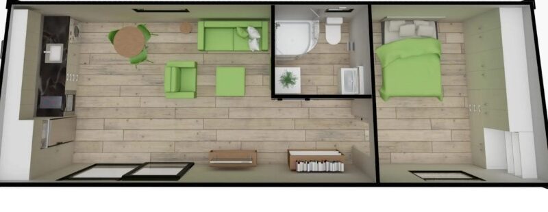 11m x 3.9m, One Bedroom Pod