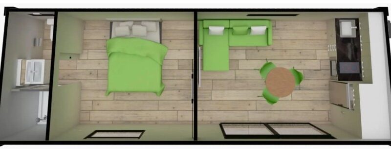 8.6m x 3.1m, One Bedroom Pod