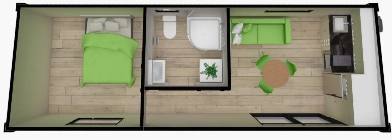 8.6m x 3.1m, One Bedroom Pod