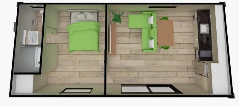 8.6m x 3.9m One Bedroom Pod