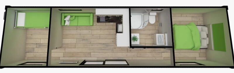 11m x 3.1m, One Bedroom Pod